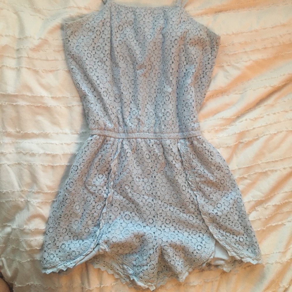 eyelet light blue lacy romper cinch waist